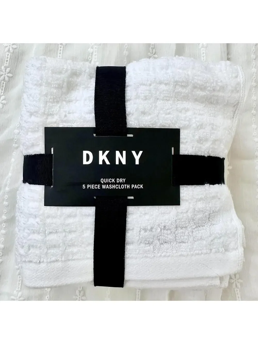 NWT DKNY Set of 5 White Woven Wash Cloths Washcloths 100% Cotton India